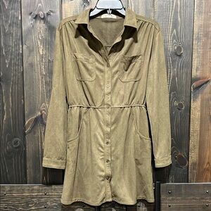 Boutique Mini Dress L Long Sleeves Utility‎ Button Front Roll Tab Cuff Green